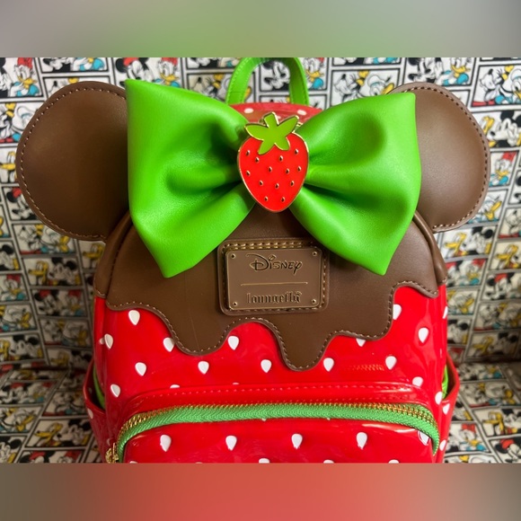 Loungefly Disney Minnie Mouse Chocolate Dipped Strawberry Backpack Ears Set NWT - Picture 6 of 16